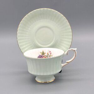 Vintage Paragon Tea Cup And Saucer Green Ribbed Porcelain Fruit Floral Interior